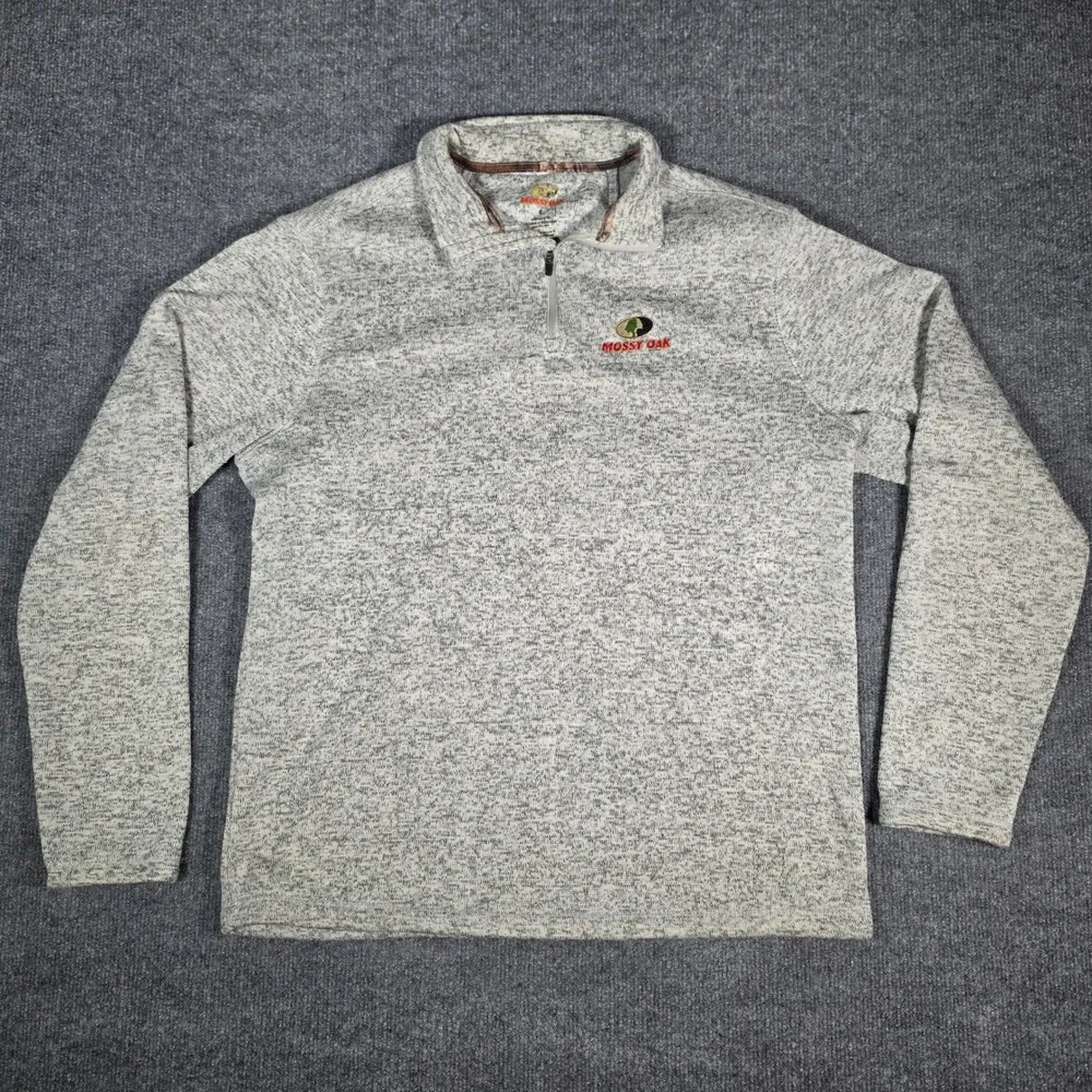 Mossy Oak Mens Grey Marled Quarter Zip Pullover Sweater Size L Outdoor Logo